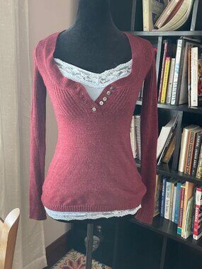 Aeropostale Babydoll Top XS Y2K Burgundy Henley Layering Indie Sleaze Bella Swan